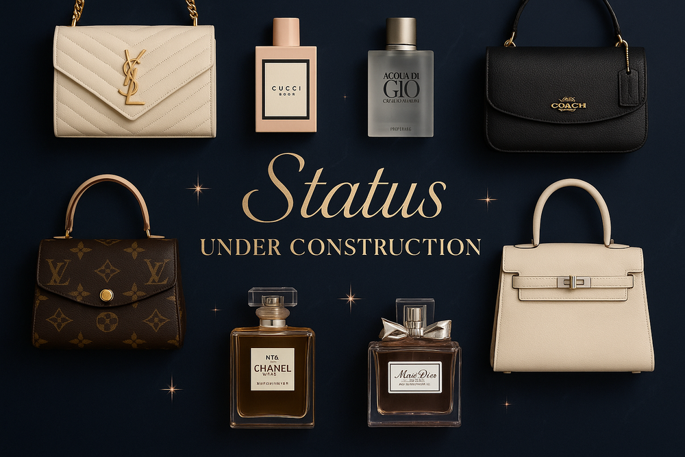 create a image for shopify theme wallpaper that image have text "Status under construction" and with small images of perfume like gucci, armani etc and also image of bags like YSL, coach etc because my store is for perfume and bags so create luxury and reable image and use best colour combination